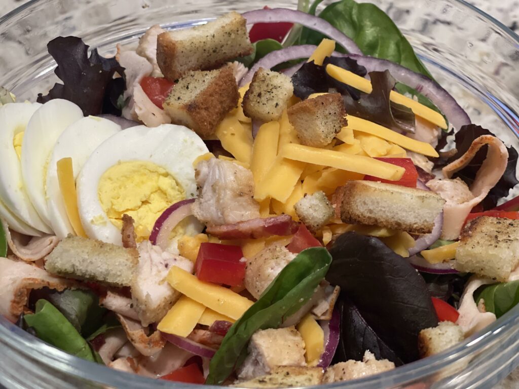 Loaded Chef Salad with Easy Baked Gluten-Free Croutons, and pan fried chicken breast.