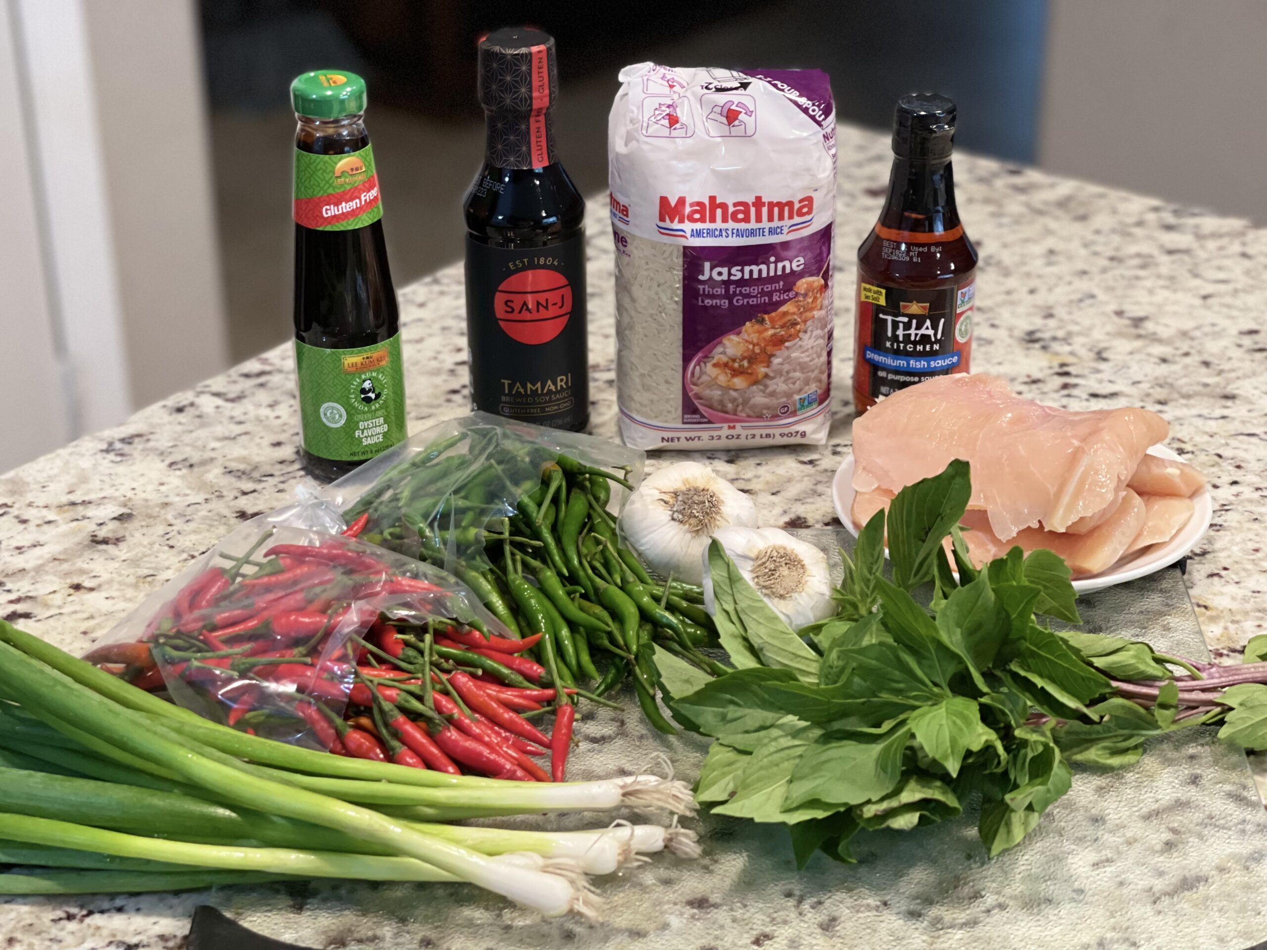 Ingredients gathered for making Spicy Gluten Free Thai Basil Chicken